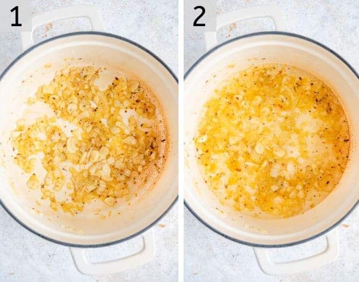 Two photos showing how to make tortellini soup