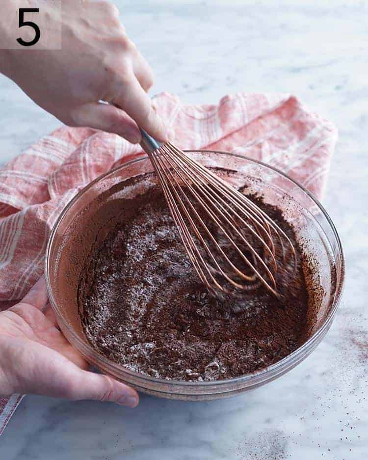 Brownie batter getting whisked together.