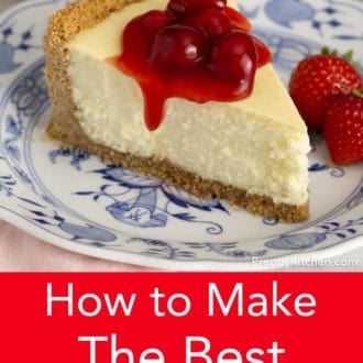 Pinterest graphic of a slice of cheesecake on a plate with berries.