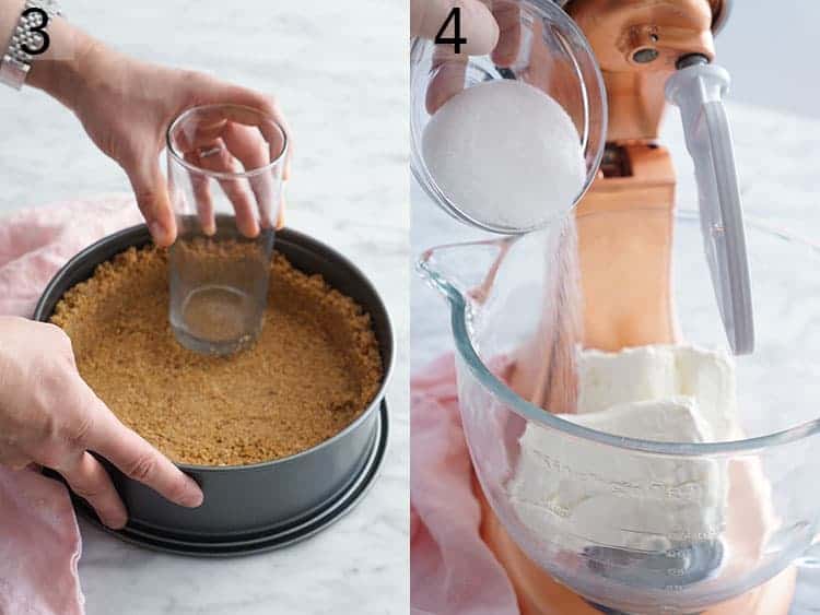 A Graham Cracker crust being formed to the inside of a springform pan.