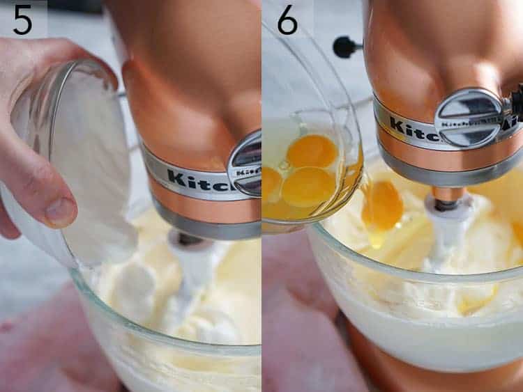 Sour cream and eggs getting added to a mixer with cream cheese to make cheesecake.