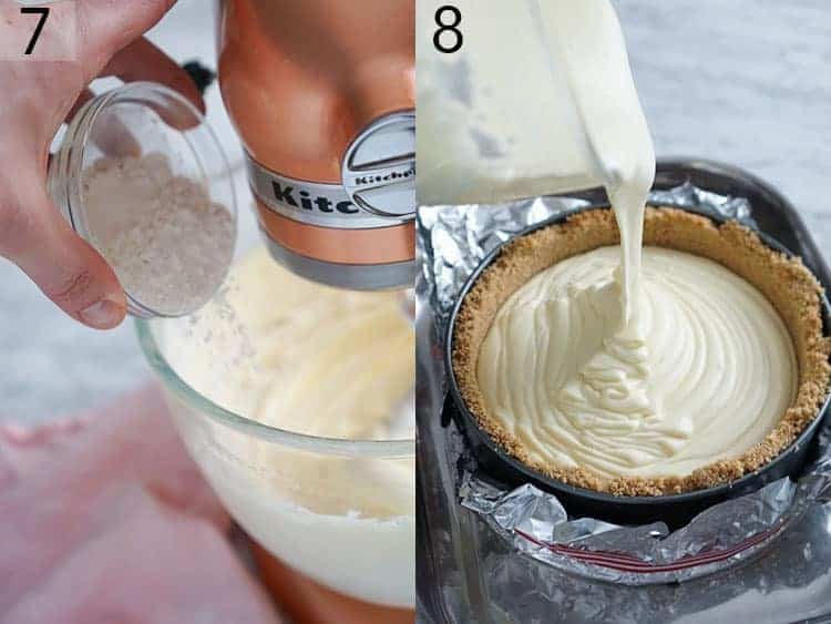 Cheesecake batter getting poured into a prepared springform pan