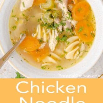 chicken noodle soup in a white bowl with a spoon