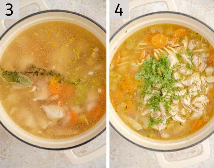 Two images showing how to make chicken noodle soup