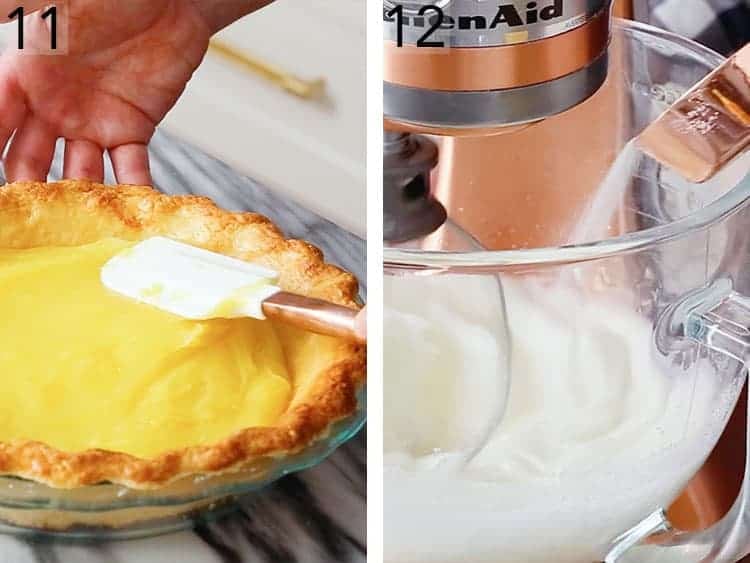 A lemon pie being filled and smoothed with a spatula.