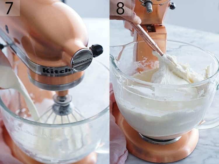 Whipped cream getting folded into no bake cheesecake filling.