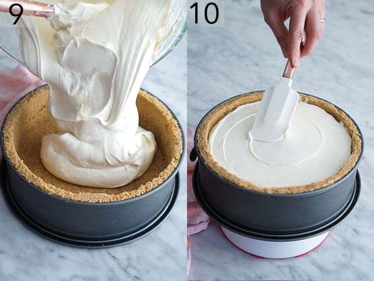 No bake cheesecake filling being added to a prepared crust.