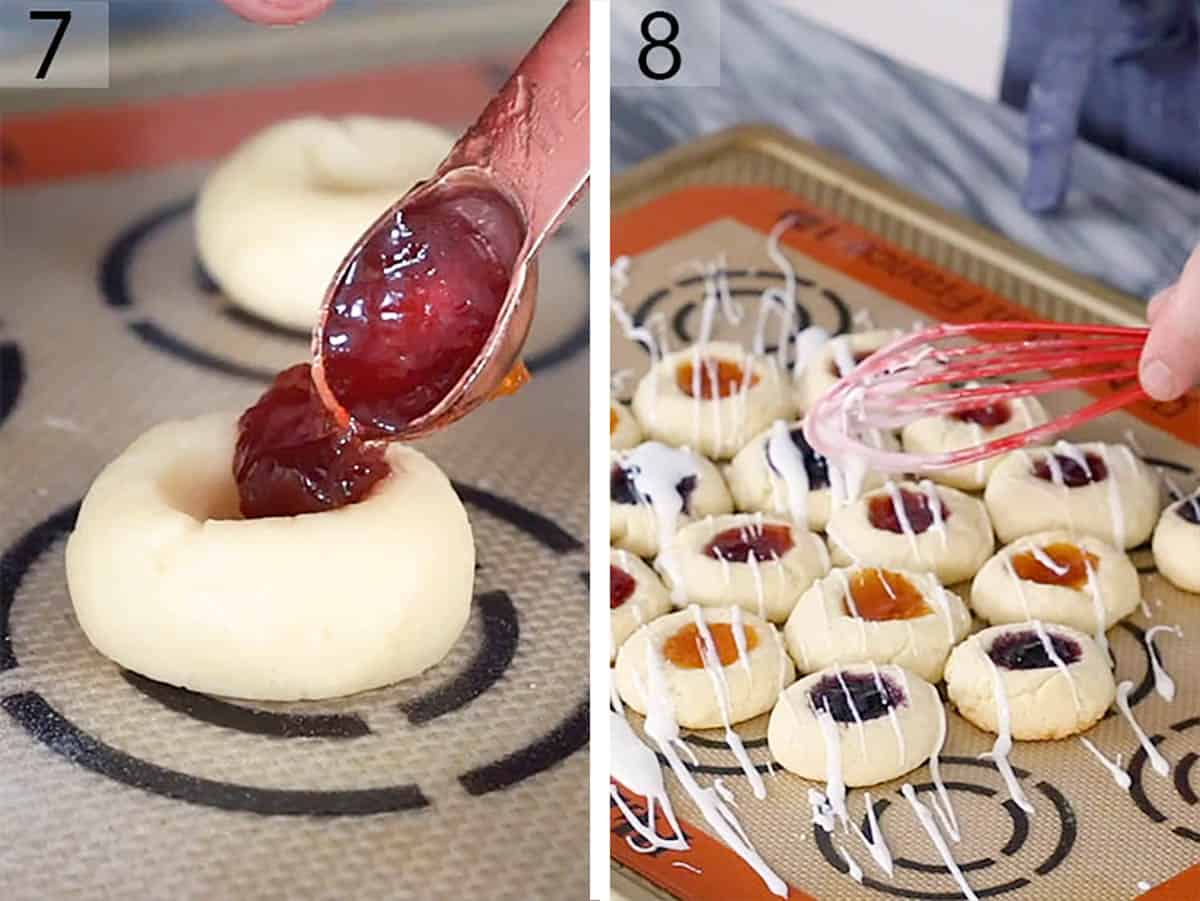 Jam being added to thumbprint cookies, which are then drizzled with icing.