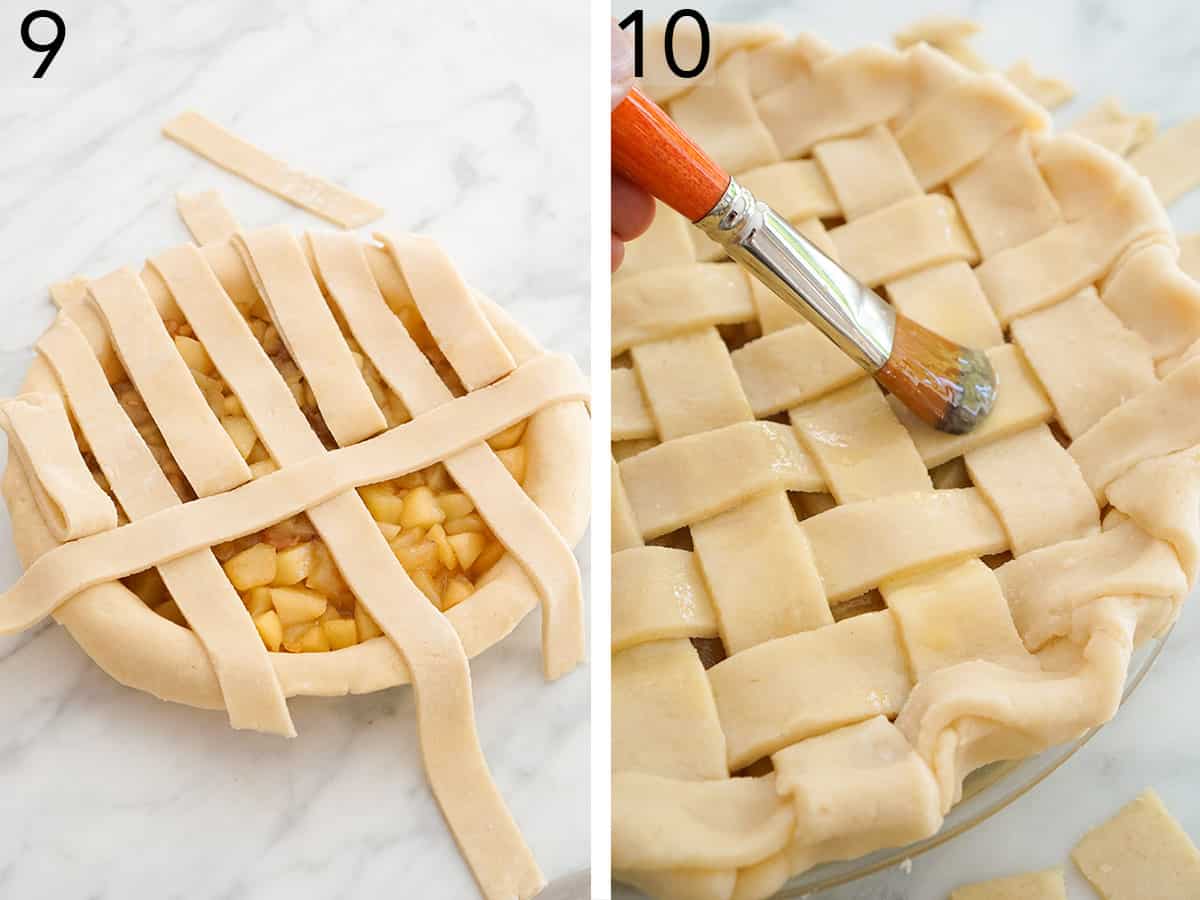 A lattice top being woven for an apple pie