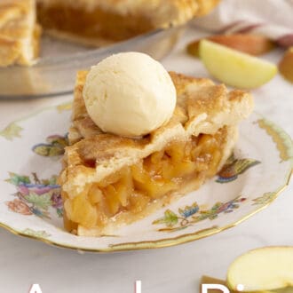 A piece of apple pie on a porcelain plate topped with vanilla ice cream.