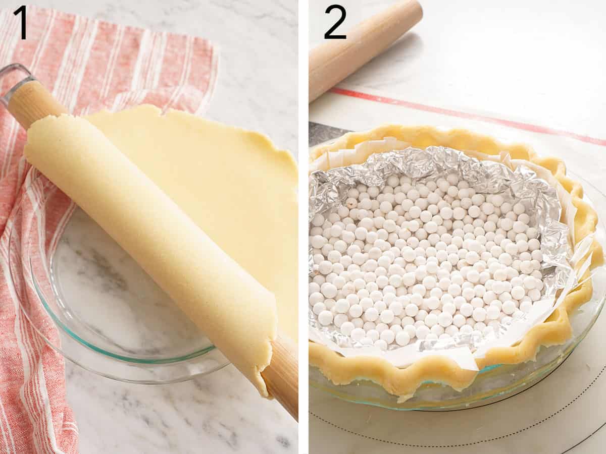 Two photos showing pie dough being rolled into a dish then prepped for baking.