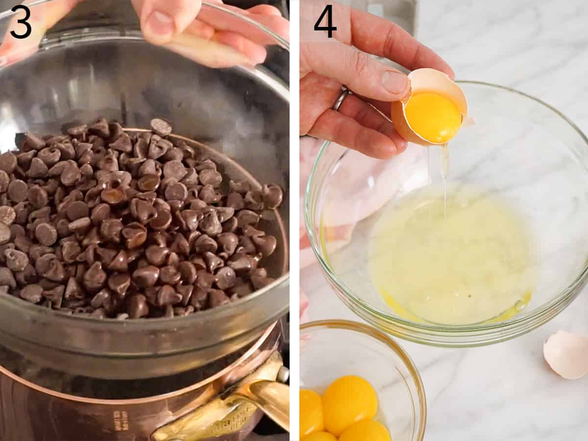 Two photos showing chocolate being melted on a double boiler and eggs being separated.