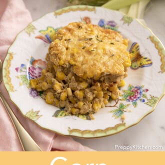 Corn casserole topped with cheese.