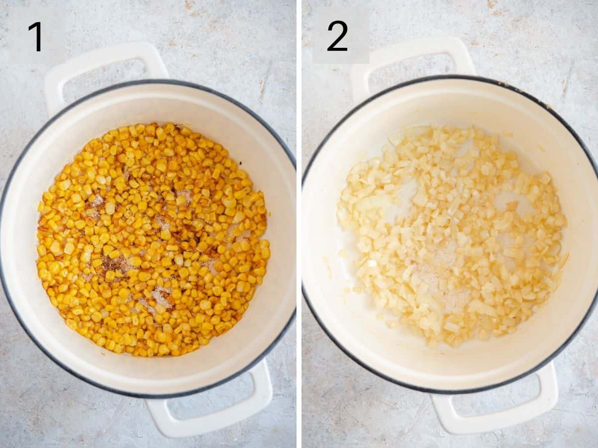 Two photos showing how to saute corn and onions