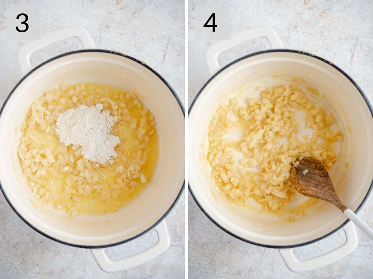 Two photos showing how to saute onions with flour