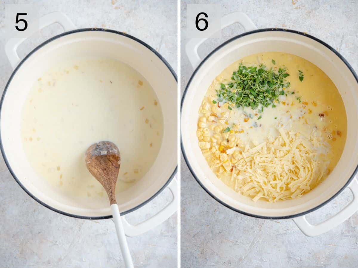 Two photos showing how to make a cheesy sauce with corn