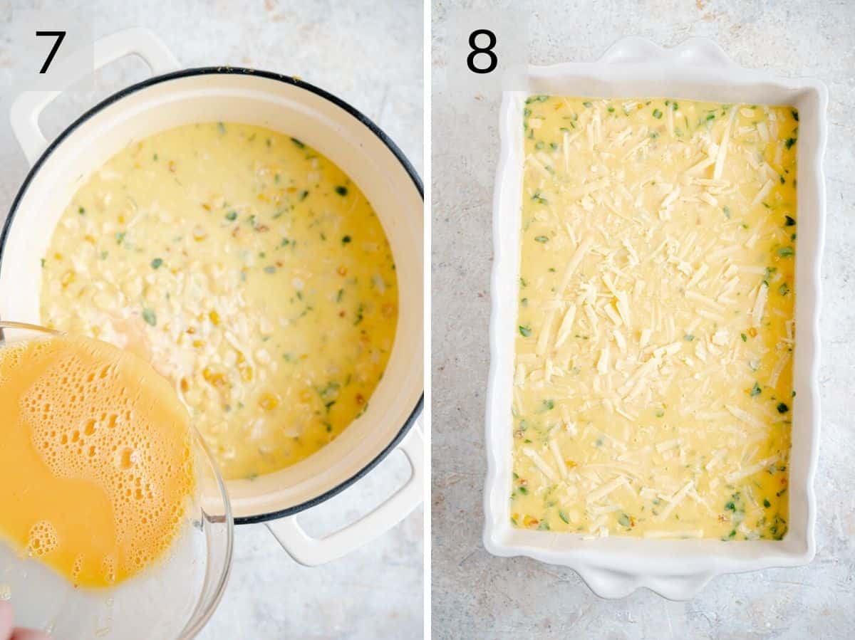 Two photos showing the final step of making a corn casserole