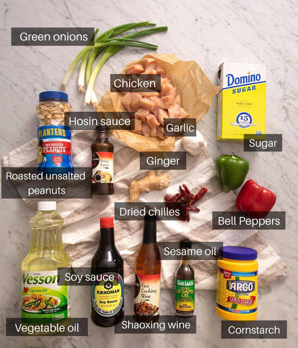 An overhead shot of all the ingredients you need to make Kung Pao chicken