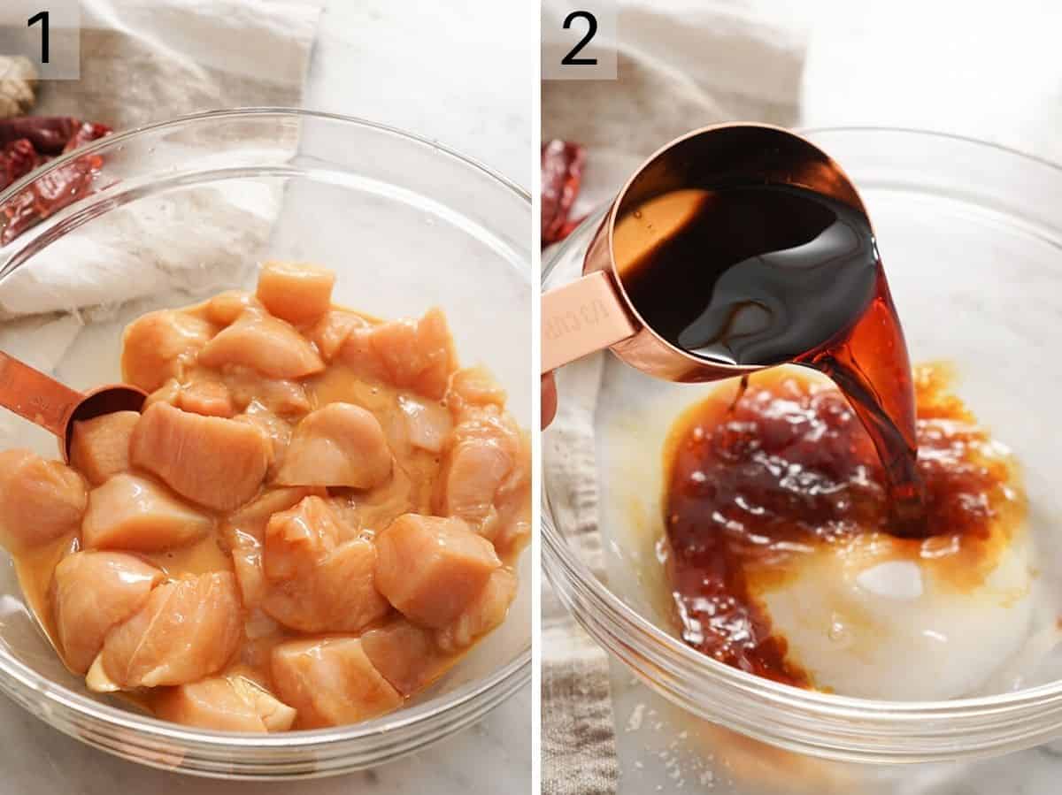 Two photos showing chopped up chicken and how to make a sauce for kung pao chicken