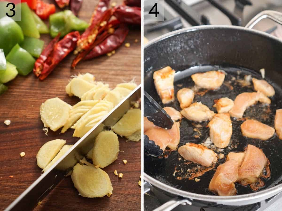 Two photos showing how to chop ginger and fry chicken