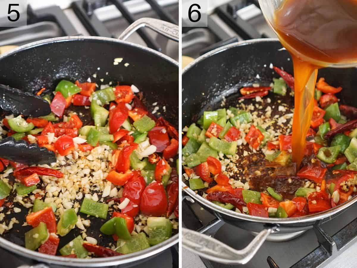 Two photos showing how to stir fry vegetables and add sauce to a skillet