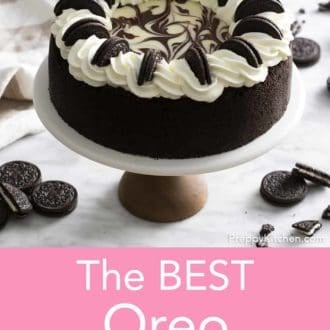 oreo cheesecake on a cake stand
