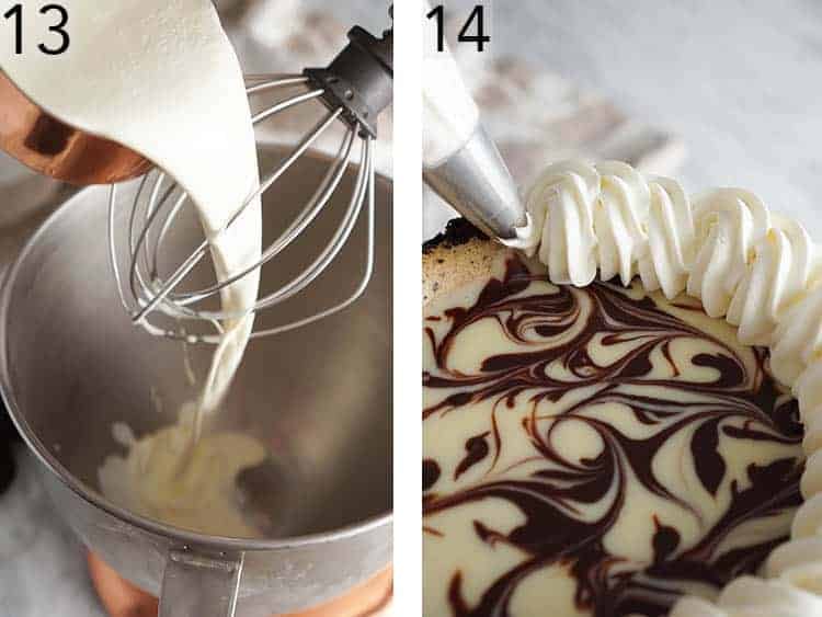Whipped cream being piped onto an Oreo cheesecake.