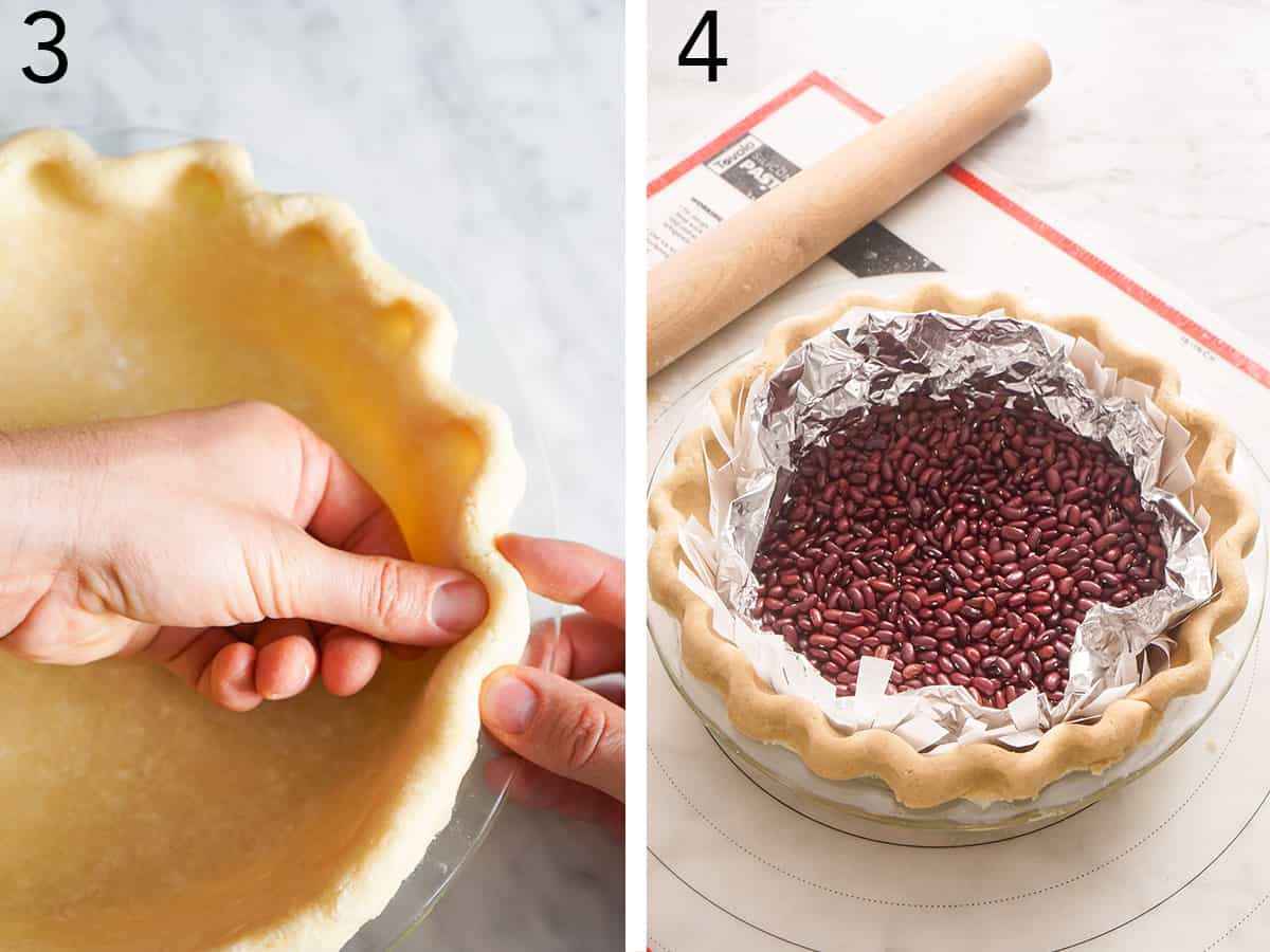 A homemade pie crust getting prepared for a blind bake.