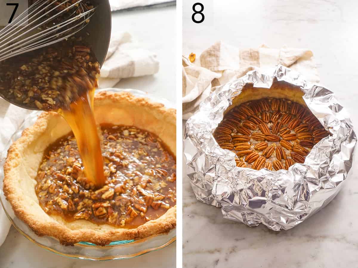 A pecan pie getting assembled and tented with foil just before baking.
