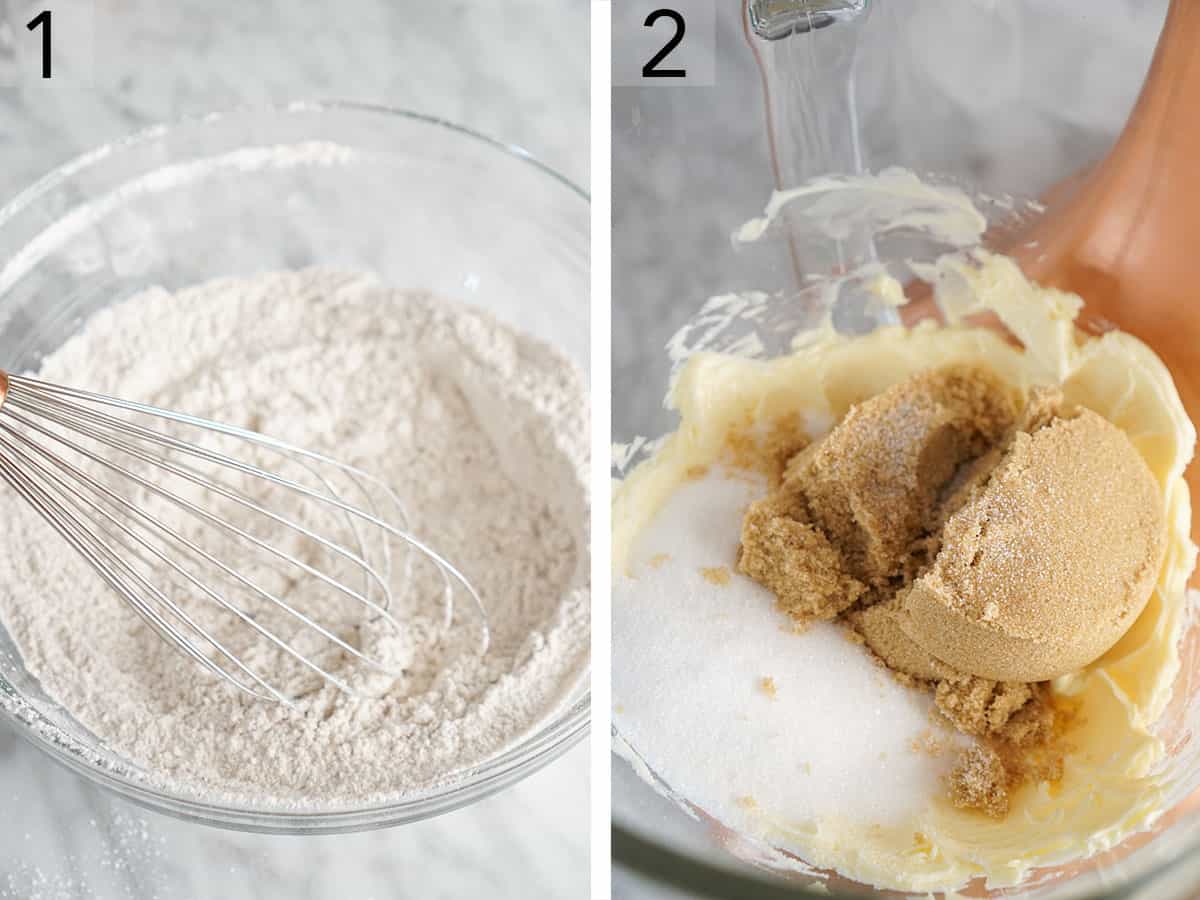 Two photos showing dry ingredients being whisked and sugars in a bowl with butter.