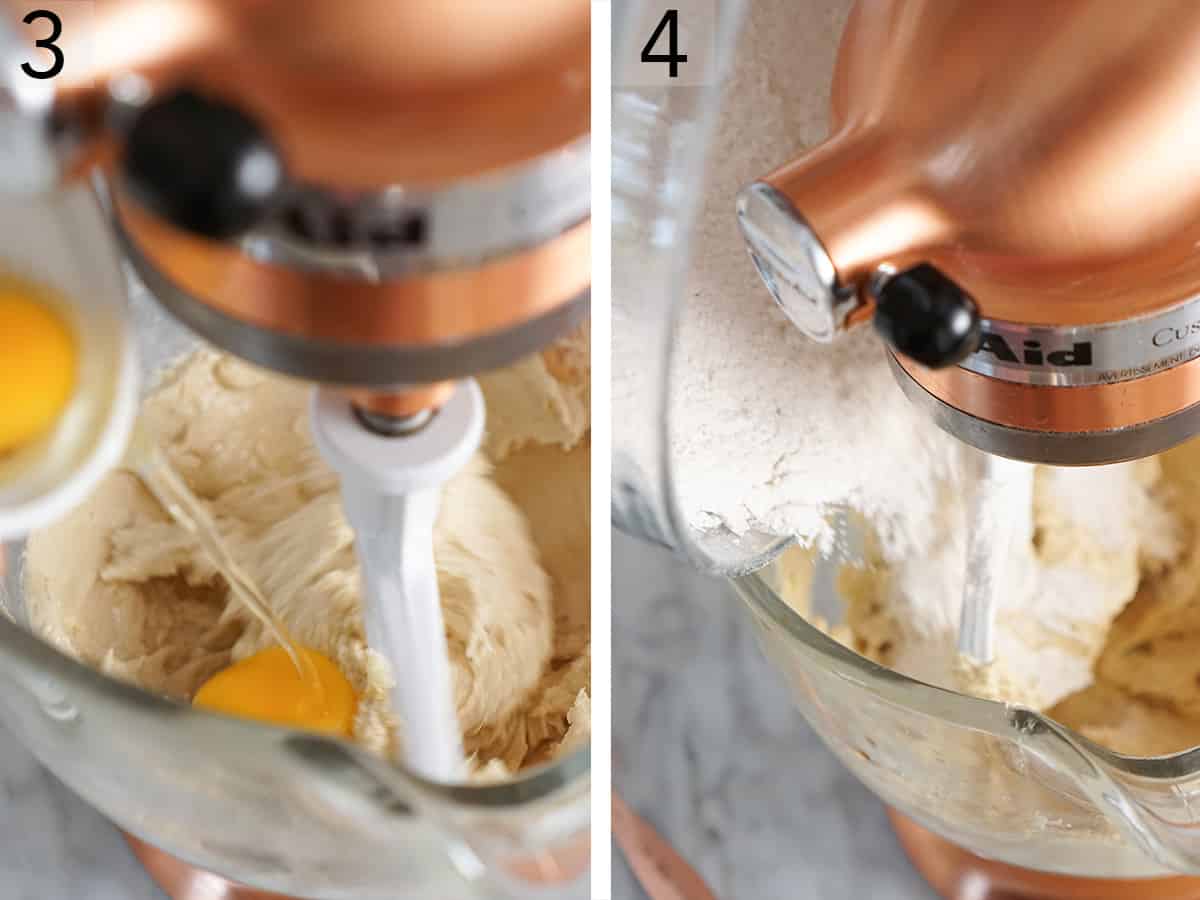 Two photos showing eggs and flour being added to cookie dough 