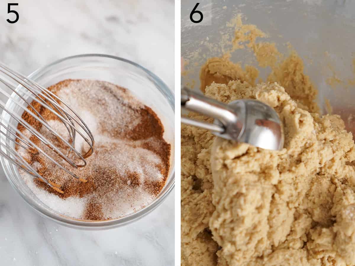 Dough getting scooped up and cinnamon sugar getting mixed.