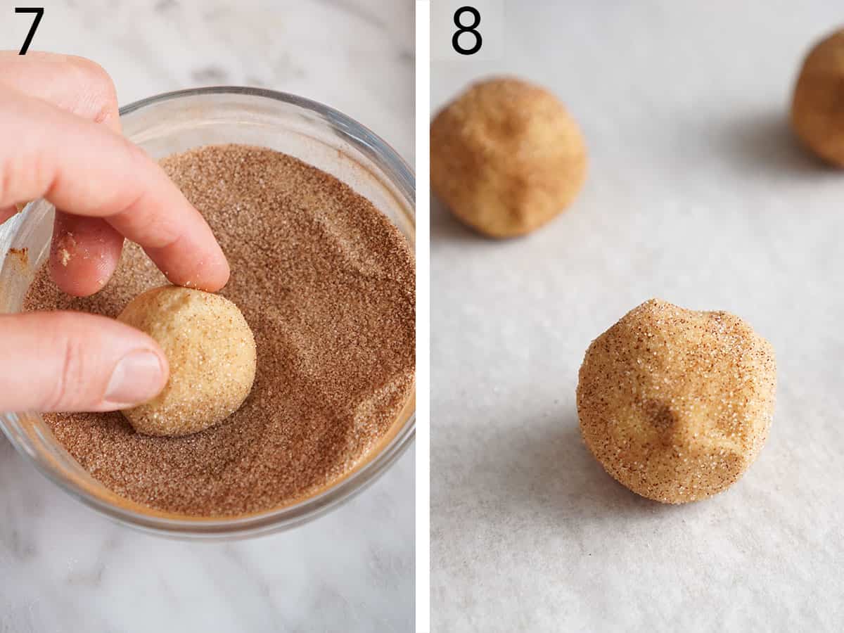 Balls of cookie dough getting rolled in cinnamon sugar 