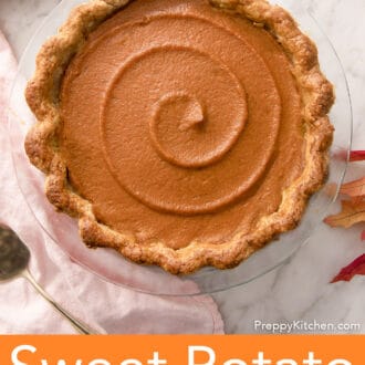 Pinterest graphic of an overhead view of a baked sweet potato pie with leaves scattered around.