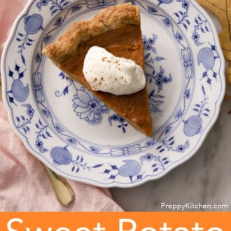 Pinterest graphic of a piece of homemade sweet potato pie on a plate.