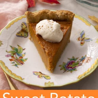 Pinterest graphic of a piece of sweet potato pie on a porcelain plate.