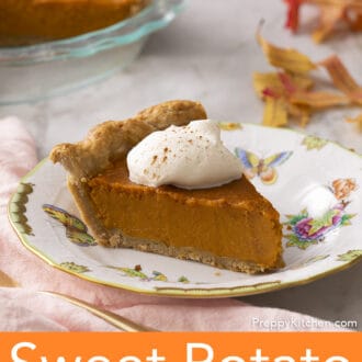 Pinterest graphic of a piece of sweet potato pie with whipped cream on a porcelain plate.