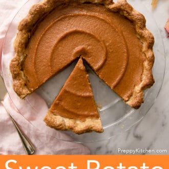 Pinterest graphic of an overhead view of a sweet potato pie with pieces cut out.