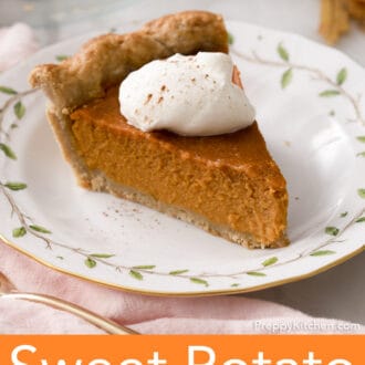 Pinterest graphic of a piece of Sweet Potato Pie on a porcelain plate.