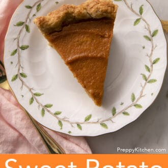 Pinterest graphic of a top-down shot of a piece of Sweet Potato Pie on a porcelain plate.