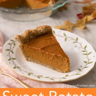 Pinterest graphic of a slice of freshly baked sweet potato pie on a porcelain plate.