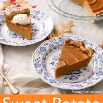 Pinterest graphic of two pieces of sweet potato pie on blue and white plates.