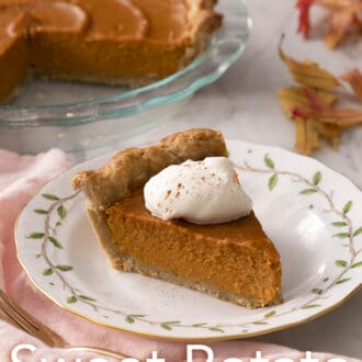 Pinterest graphic of a piece of delicious sweet potato pie on a plate next to a pink napkin.