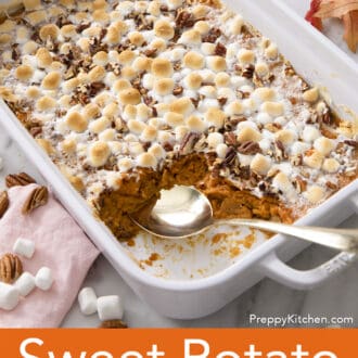 Pinterest graphic of a spoon tucked into a baking dish of sweet potato casserole.