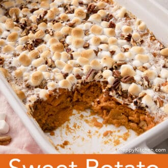 Pinterest graphic of a baking dish of sweet potato casserole with a chunk removed.