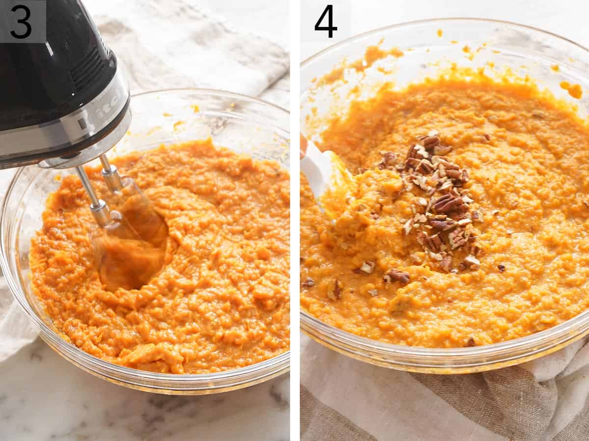 A bowl of mashed sweet potatoes getting mixed with an electric hand mixer.