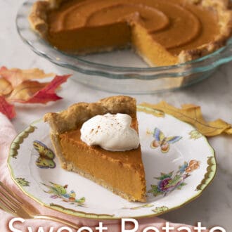 Pinterest graphic of a sweet potato pie that has been cut with one piece on a plate.