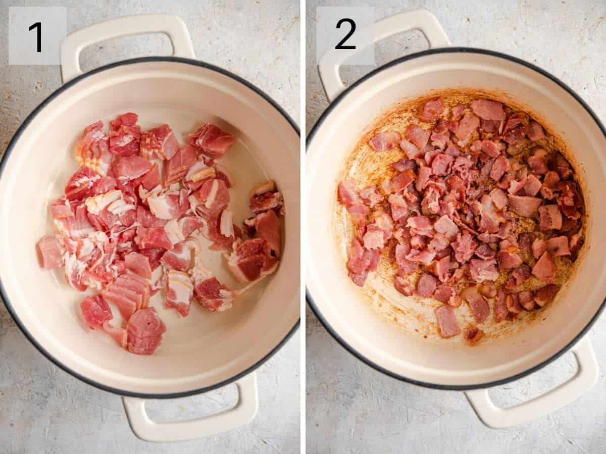 Two photos showing how to fry bacon in a Dutch oven