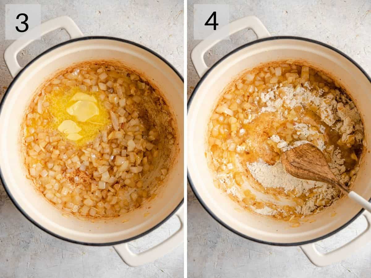 Two photos showing how to add butter and flour to onions