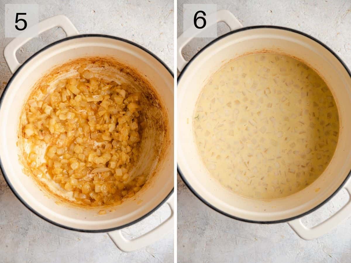 Two photos showing how to thicken a sauce for a casserole